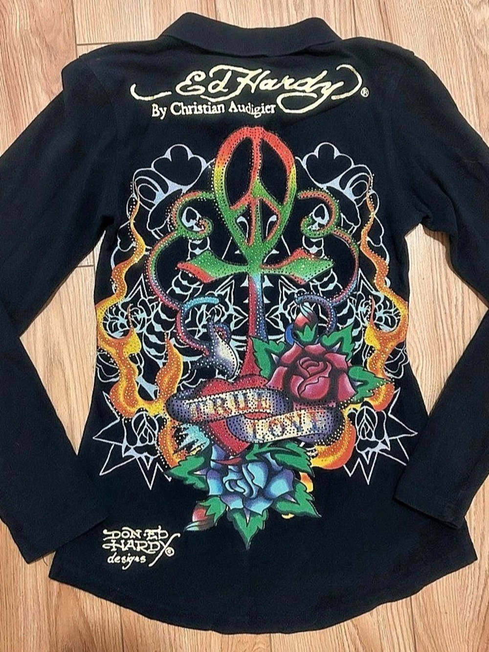 Ed Hardy Christian Audigier Long Sleeve Graphic Polo Black Medium
